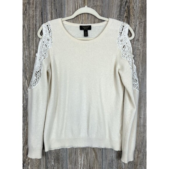 Charter Club Cashmere Sweater Size L Beige Crochet Cold Shoulder Soft Fuzzy Chic - Picture 1 of 13
